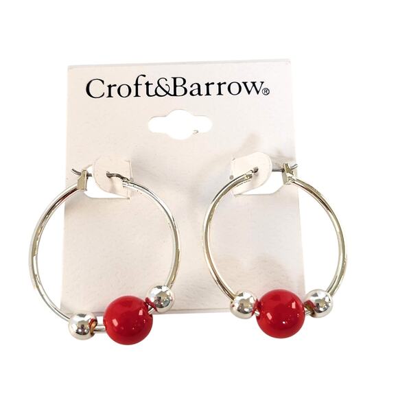 Croft & Barrow Hoop Earrings Red Beads Silver Tone Pierced, Free Gift Bag 1.5 in - Picture 7 of 7